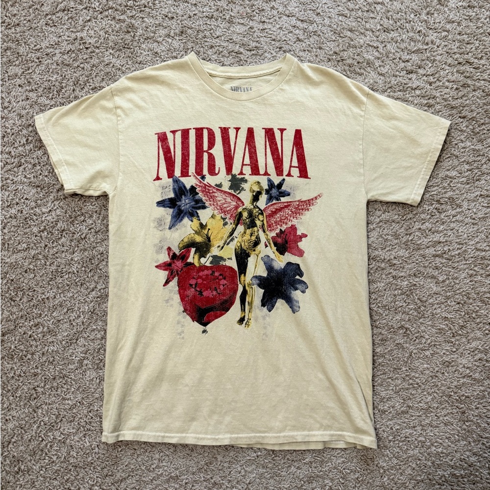 Hot Topic Nirvana Cream Graphic Tee with Red and Black Design